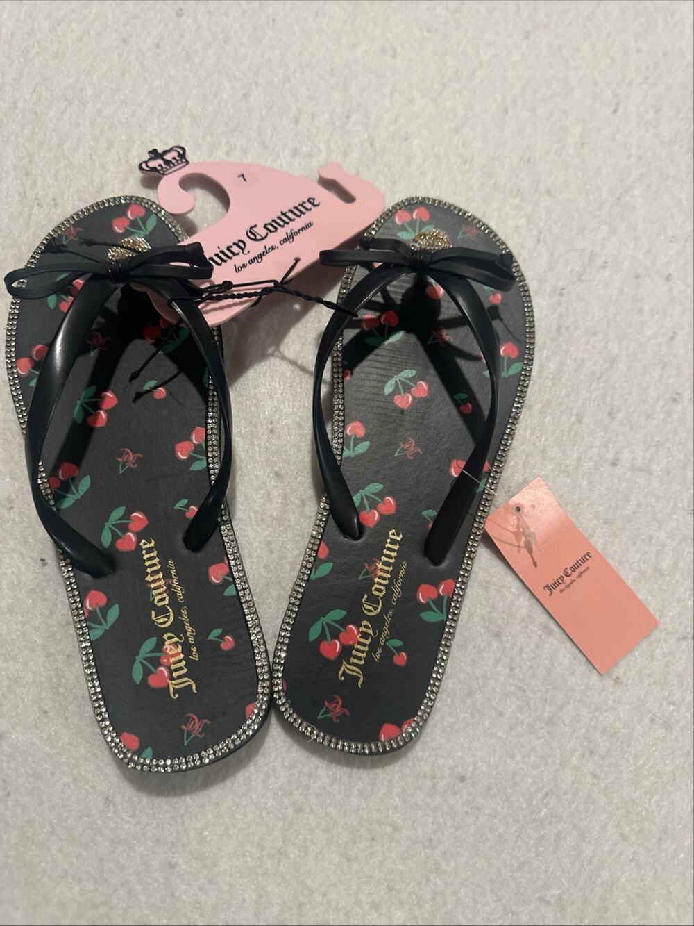 Juicy Couture Women’s Size 7 Cherry Print Rhinestone Bow Flip Flops Y2K NWT